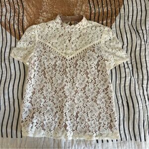 Wayf Mock Neck Short Sleeve White Lace Top Xs
